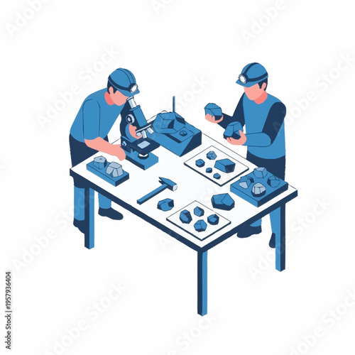 Geologists Examining Rocks and Minerals on a Table.