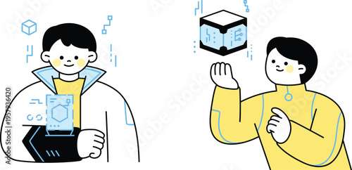 Two individuals collaborating with digital and blockchain technology elements