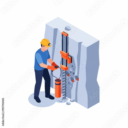 Isometric illustration of a miner operating a drilling machine in a mine.