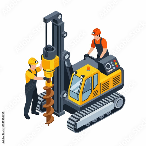Isometric illustration of construction workers operating a drilling rig.