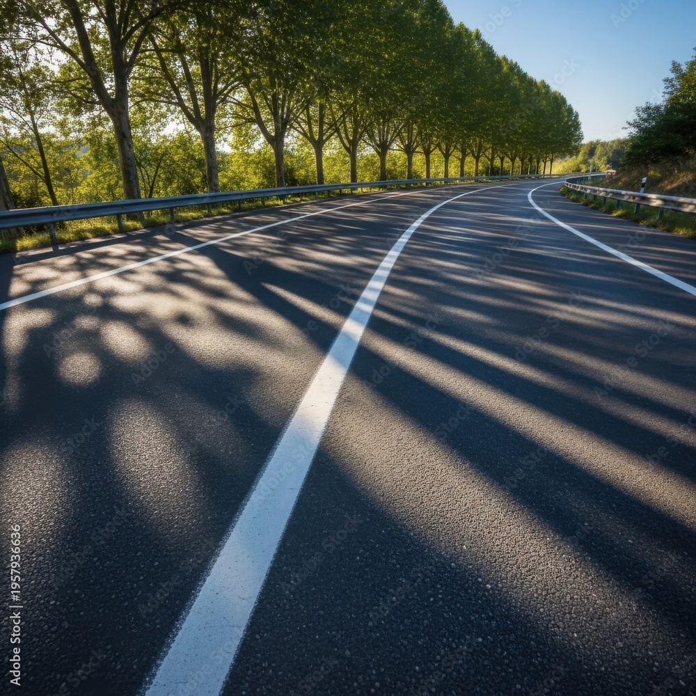 Obraz premium Sunlight Dappled Scenic Highway Journey Under Verdant Canopy
