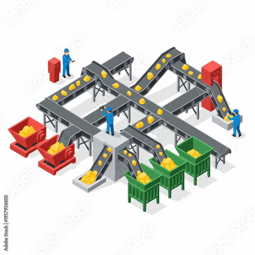 Isometric view of a gold mining and processing plant with conveyor belts and workers.