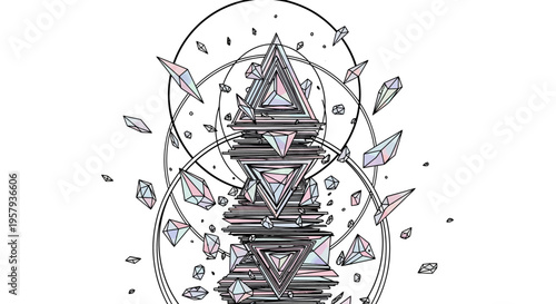 Geometric Crystal Tower with Abstract Circles and Flying Shards