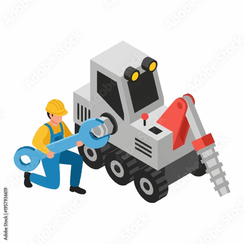 Mechanic Fixing Compact Construction Vehicle with Wrench.