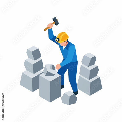 Miner Carving Stone With Hammer and Chisel.