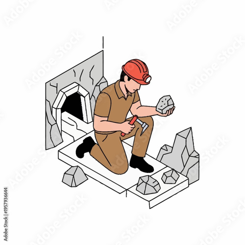 Miner inspecting a rock with a hammer in a mine entrance.