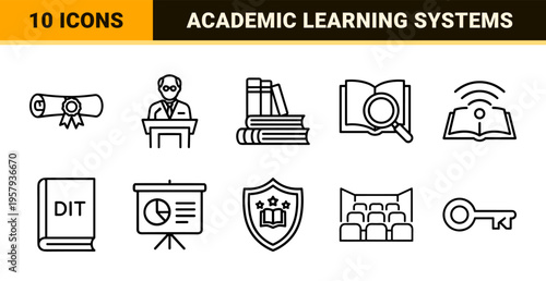Higher Education and Academic Learning Monoline Icon Set featuring Minimalist Geometric Line Art for University Digital Portals