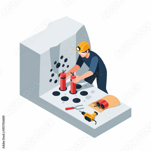 Miner preparing explosives for blasting in a mine.