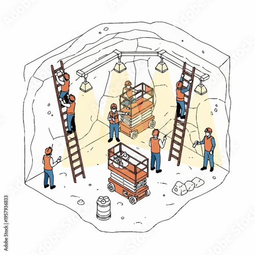 Miners working in an underground mine shaft, illuminated by industrial lights, with ladders and equipment.