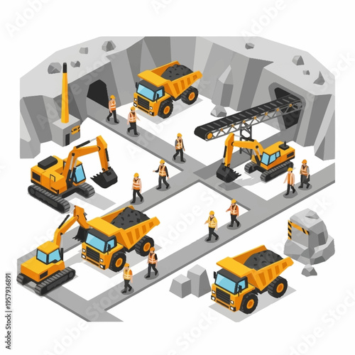 Mining Industry Scene with Heavy Machinery and Workers.