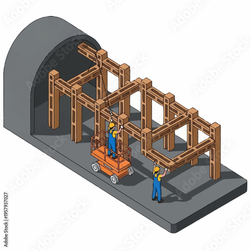 Workers constructing a wooden support structure inside a tunnel, illustrating underground construction and engineering.