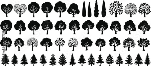 Tree silhouette collection featuring deciduous and evergreen forest trees isolated on white background, black nature icons set for landscape and environmental design