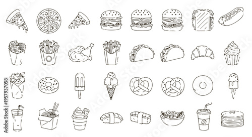Hand Drawn Fast Food Doodle Icon Set: Pizza, Burger, Snacks and Desserts in Sketch Style