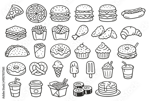 Fast Food Line Art Icon Set: Hand Drawn Minimalist Doodles of Snacks, Burgers and Desserts