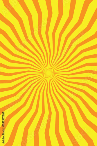 Bright orange and sunny yellow radial lines create an energetic sunburst pattern emanating from the center