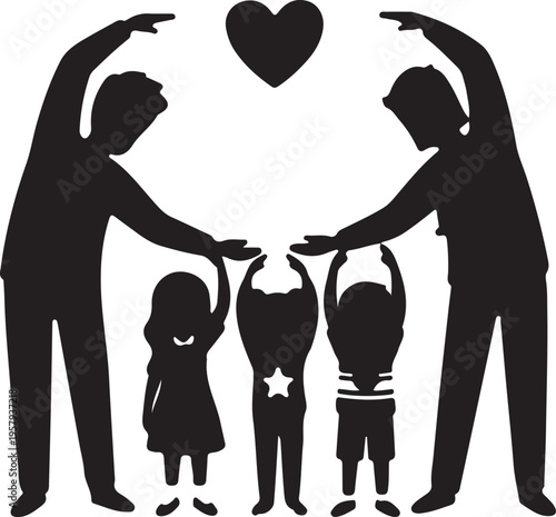 A black and white silhouette graphic showing two loving parents protecting their three children