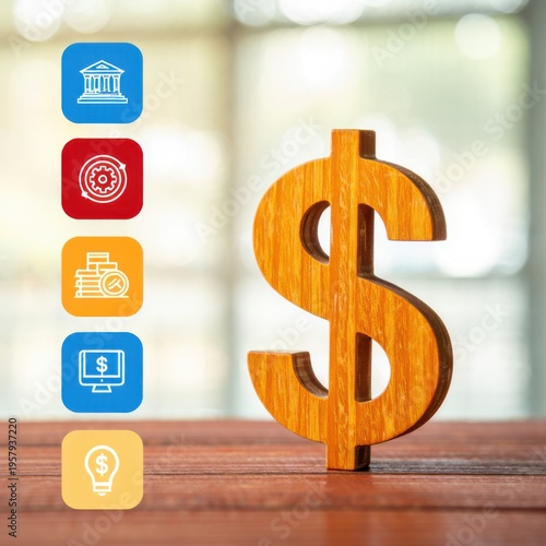 A large wooden dollar sign symbol standing on a wooden surface with business icon buttons nearby