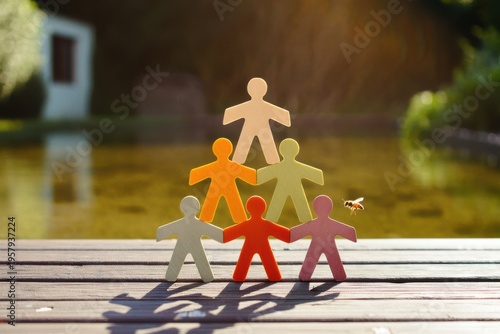 A pyramid of colorful paper cutout figures stands on a wooden surface with a small flying bee nearby