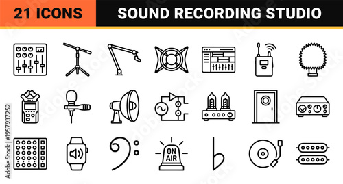Minimalist Monoline Audio Equipment Icon Set Featuring Geometric Line Art Microphones, Studio Hardware, and Sound Recording Symbols.