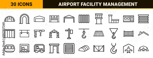 Aviation Hangar and Logistics Infrastructure Geometric Line Art Featuring Minimalist Monoline Symbols for Airport Facility Mapping.