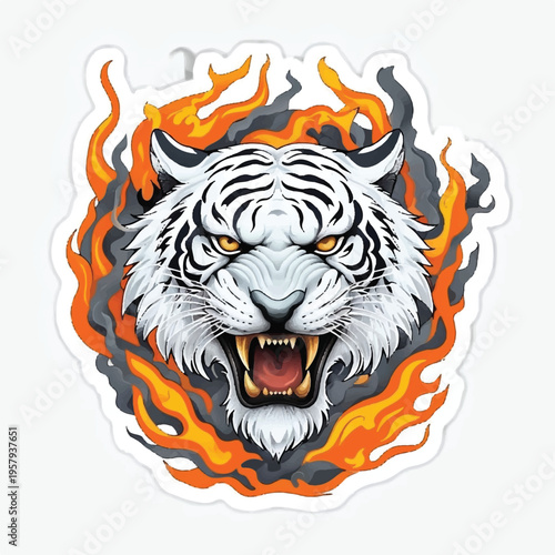 Aggressive white tiger head roaring powerfully with sharp fangs and intense eyes, engulfed by dynamic orange and yellow flames and dark smoke.