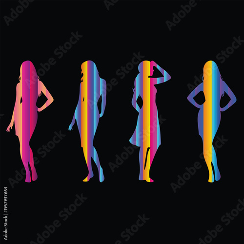  Female Silhouette Set Colorful Gradient, Neon Abstract Fashion Women Vector Illustration.
