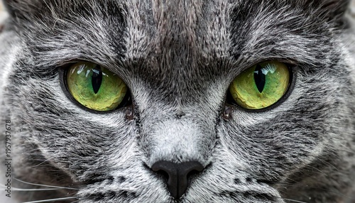 Close up of a grey cats intense green eyes and furry face.