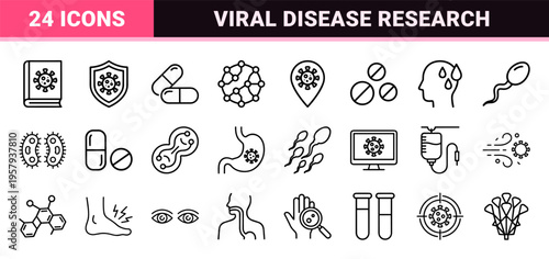 Medical Healthcare and Viral Disease Pathogen Line Art: Minimalist Monoline Geometric Symbols for Epidemiology and Clinical Diagnostics.