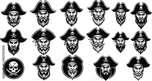 pirate, skull, captain, beard, face, character, mascot, logo, vintage, nautical, sea, buccaneer, corsair, illustration, vector, set, icons, design, isolated, collection