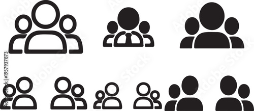 A collection of black and white icons depicting groups of people in various sizes and configurations
