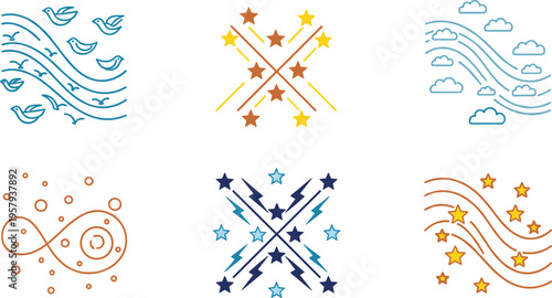 Abstract decorative elements set with stars birds waves swirls and geometric shapes minimal line art vector illustration isolated on white background