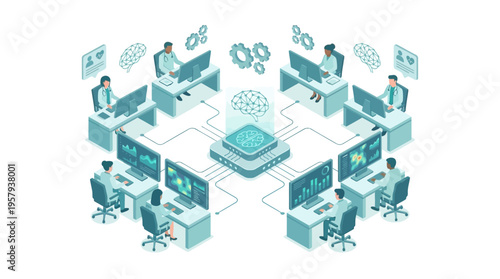 Isometric Healthcare AI Technology Platform with Medical Professionals Analyzing Patient Data, Digital Health Network, Hospital Management System