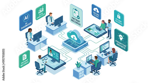 Isometric Healthcare Technology Platform with AI Medical Diagnosis, Cloud Data Analytics, and Digital Patient Records Management System