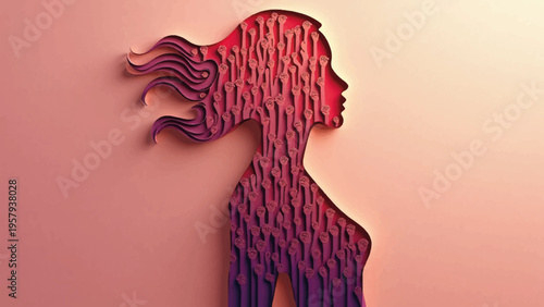 Vector silhouette of woman with wavy hair, red and pink gradient background