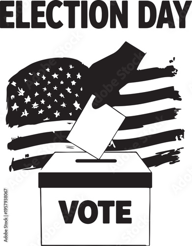 A black and white graphic illustration featuring a hand casting a ballot into a voting box today