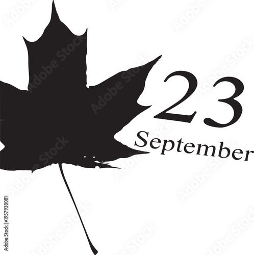 A minimalist black silhouette of a maple leaf positioned next to the date twenty-third september