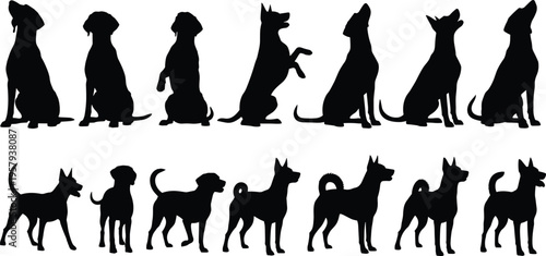 Black, silhouettes, set, of, various, dog, breeds, in, different, poses, including, sitting, standing, and, begging, isolated, on, white, background, vector, illustration, for, pet, care, design