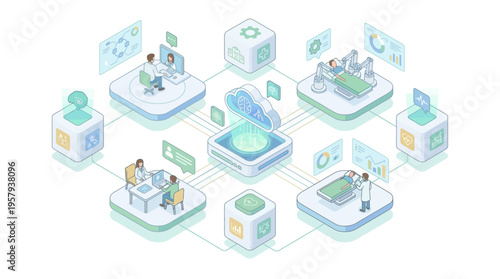 Isometric SaaS Healthcare Platform Network with Cloud Data, Telemedicine, AI Medical Technology, Hospital Management System, Digital Health Ecosystem