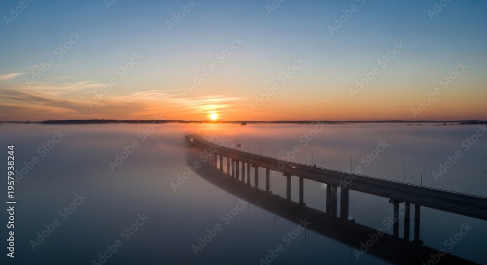 Fototapeta premium Sunrise Over Foggy River With Bridge And Cars Driving
