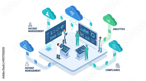 Isometric Healthcare SaaS Platform with Medical Team Analyzing Patient Data Dashboard in Cloud Computing Environment