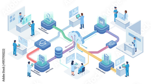 Isometric Healthcare SaaS Platform with Cloud Data Integration, Medical Professionals Using Digital Health Technology for Patient Management and Analytics