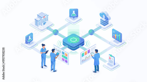 Isometric Healthcare SaaS Platform with Medical Team Analyzing Data Analytics, Hospital Technology Network, Cloud Computing Health System