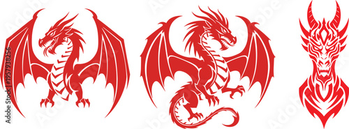 Red dragon silhouettes set, fantasy mythical creature designs, fire breathing beast symbols, medieval legend theme, powerful monster icons, flat vector illustration