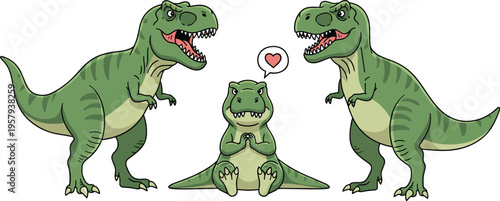 Cartoon tyrannosaurus dinosaur family with heart symbol, playful prehistoric characters showing affection and love, whimsical fantasy artwork for children’s design, decor, and educational projects