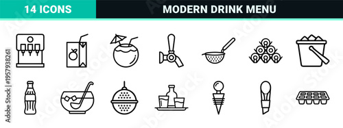 Beverage and Drinks Minimalist Monoline Outline Icon Set Featuring Coffee Alcohol and Soft Drinks in Geometric Line Art Style