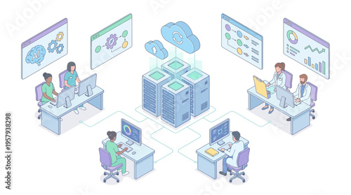 Isometric Healthcare SaaS Platform with Medical Team Using Cloud Data Analytics Software, AI Technology Dashboard, Hospital Server Infrastructure