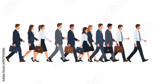 A diverse and determined group of business professionals, including men and women, walking forward in an organized single file line, symbolizing corporate progress, teamwork, and career advancement