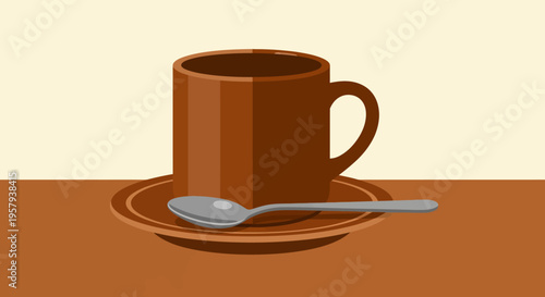 A beautifully depicted brown coffee or tea cup resting on a matching saucer with a spoon, poised for a relaxing hot beverage moment, presented in a clean and inviting illustration style
