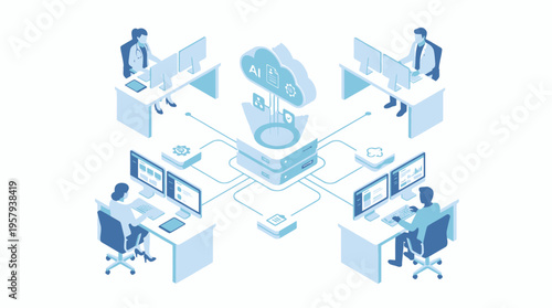 Isometric Healthcare SaaS Platform with AI Cloud Technology and Medical Team Working on Computers in Modern Office