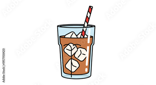 A tall glass of iced coffee with ice cubes and a red and white striped straw, simple illustration
